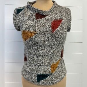Vintage 80s Oatmeal Grey Knit Colorful Geometric Chunky Sweater Vest size Small